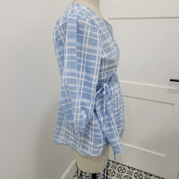 Future Collective Women's Gingham Check 3/4 Sleeve V-Neck Wrap Top Size XS - Picture 5 of 12